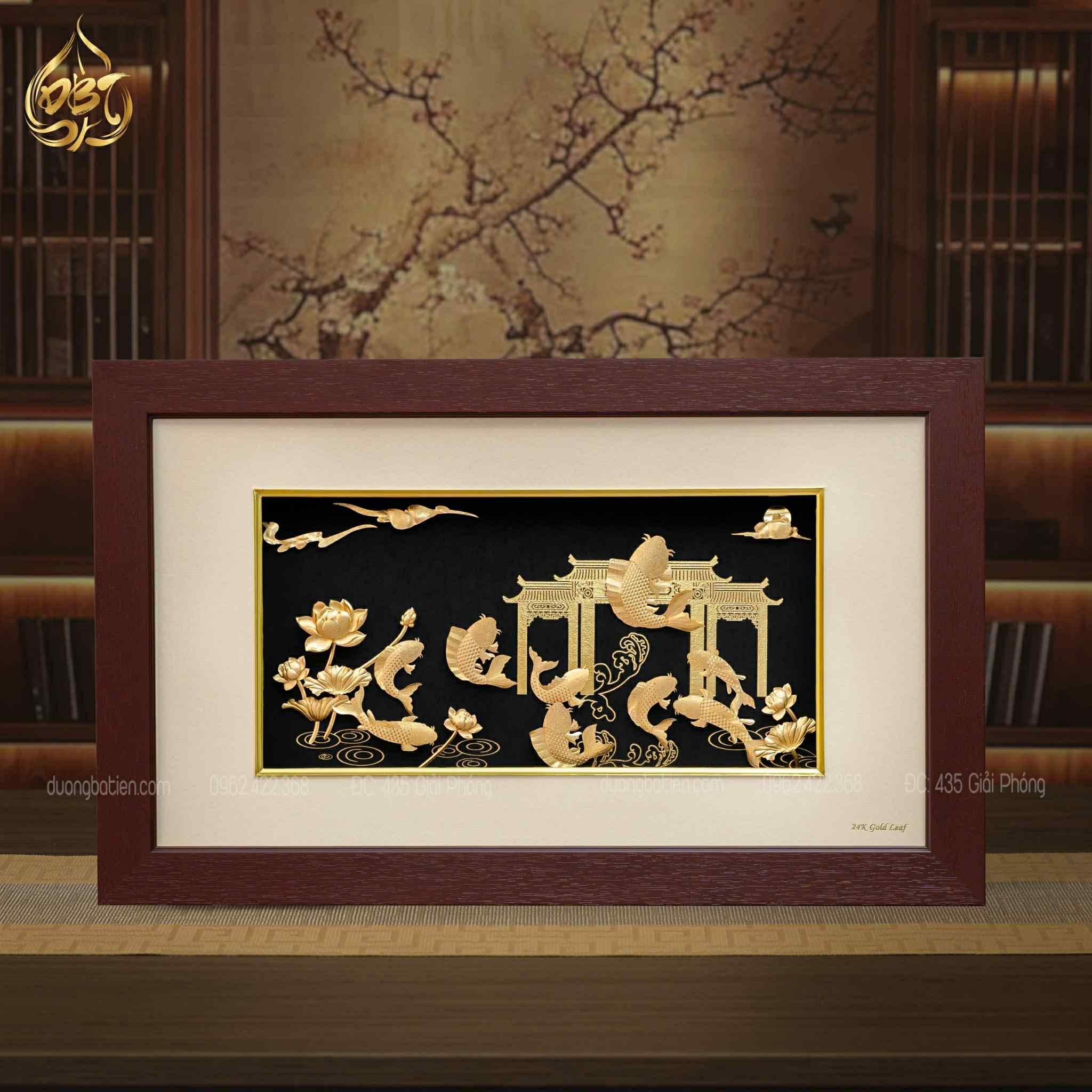 Tranh Cá Chép Vượt Vũ Môn Dát Vàng 24K - Quà Tặng Phong Thuỷ