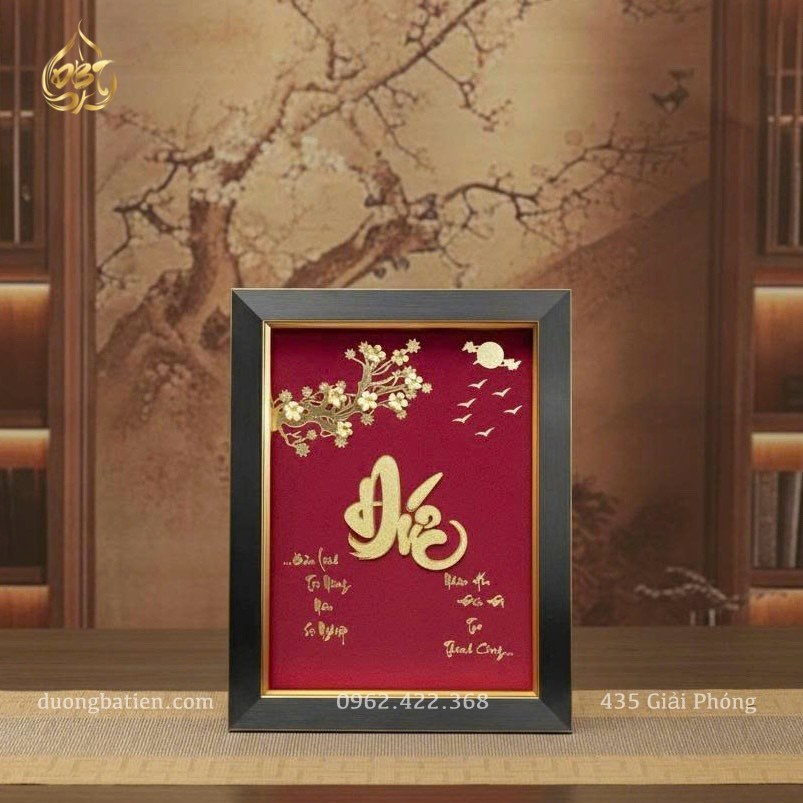 Tranh thư pháp chữ Đức dát vàng 24k - Quà Tân Gia