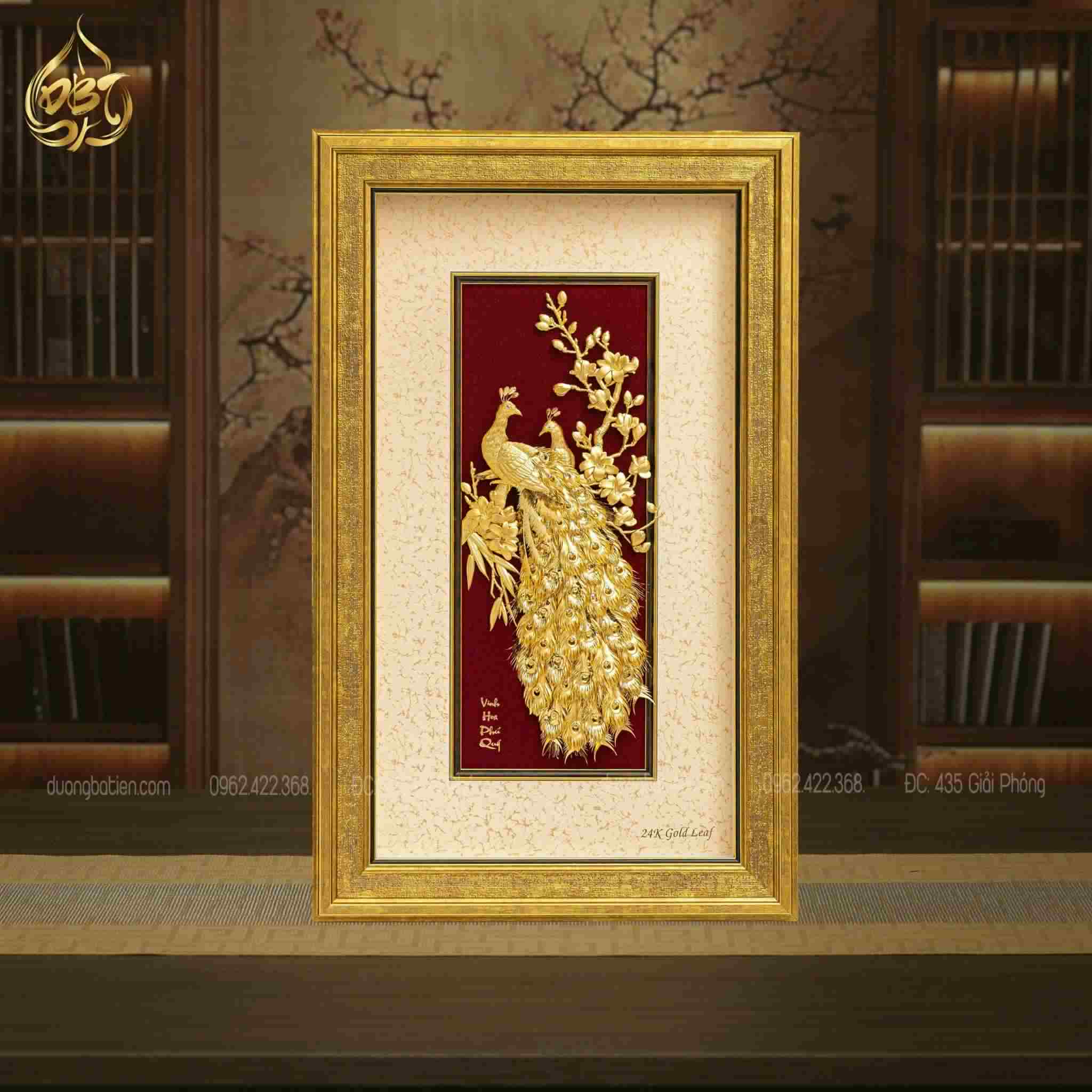 Tranh đôi Chim Công phú quý dát vàng 24k - Quà tặng Ý Nghĩa