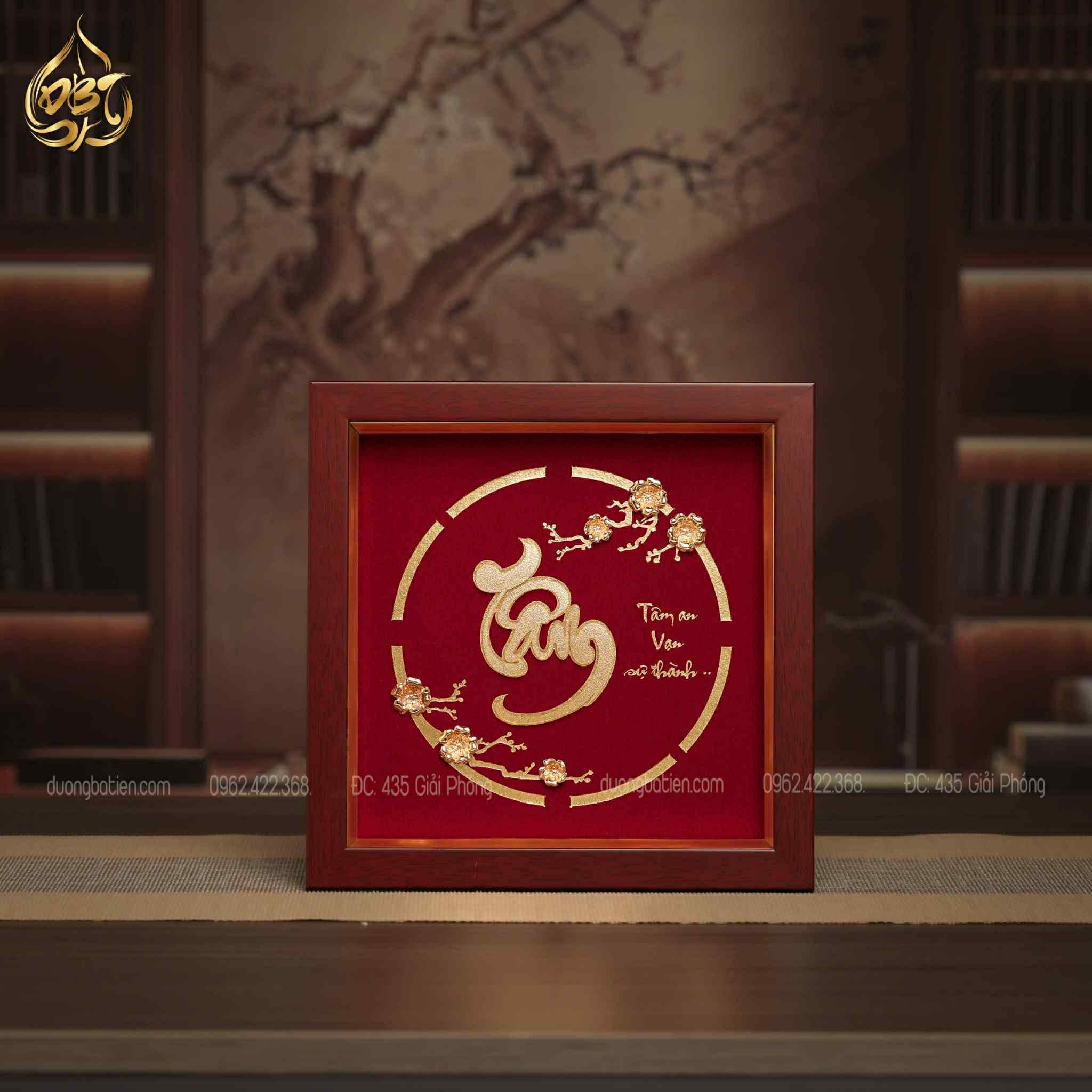 Tranh Chữ Tâm Để Bàn Dát Vàng 24K