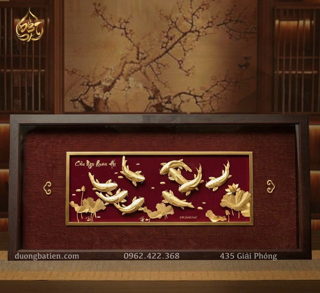 Tranh Cửu Ngư Quần Hội cỡ lớn dát vàng 24K - Tranh Phong Thuỷ