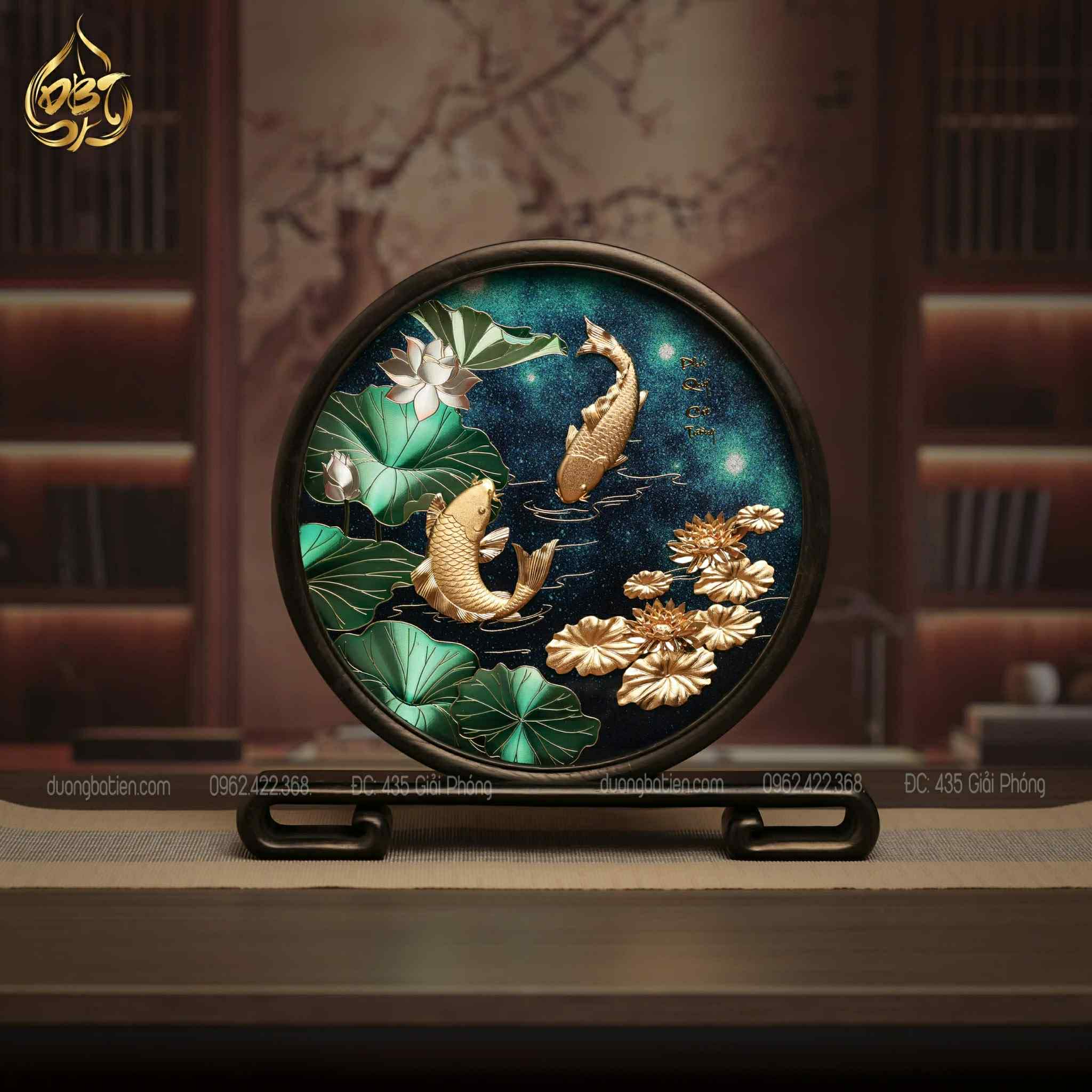 Tranh Đĩa Cá Chép Hoa Sen Dát Vàng 24K - Quà Tặng Phú Quý