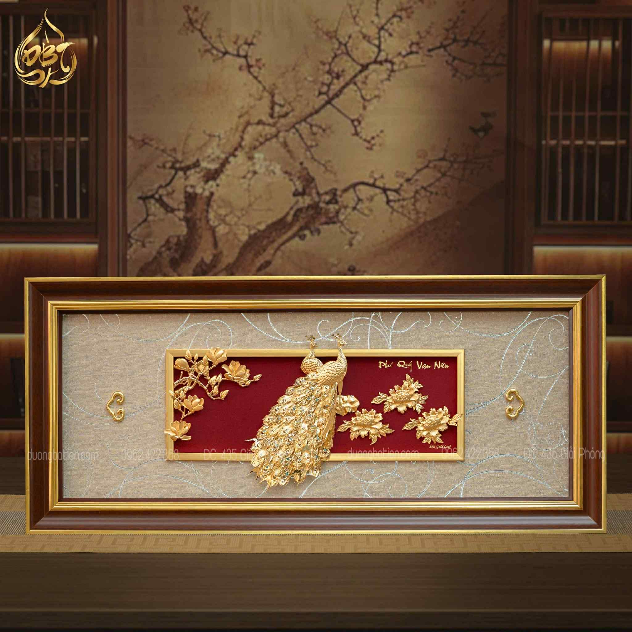 Tranh Đôi Chim Công Uyên Ương Dát Vàng 24K - Quà Tặng Kỉ Niệm Cưới