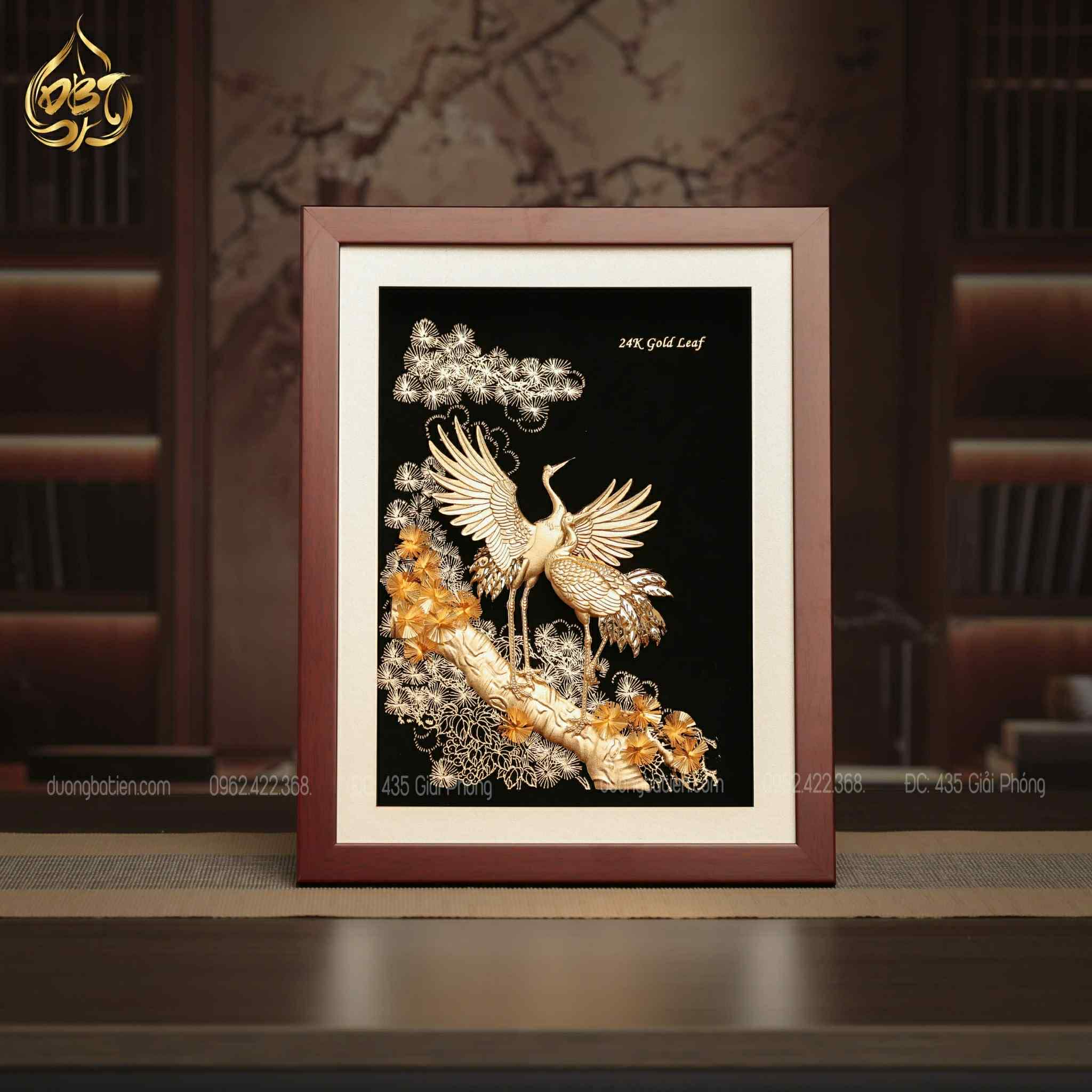 Tranh Tùng Hạc Diên Niên Dát Vàng 24K - Quà Tặng Phong Thuỷ