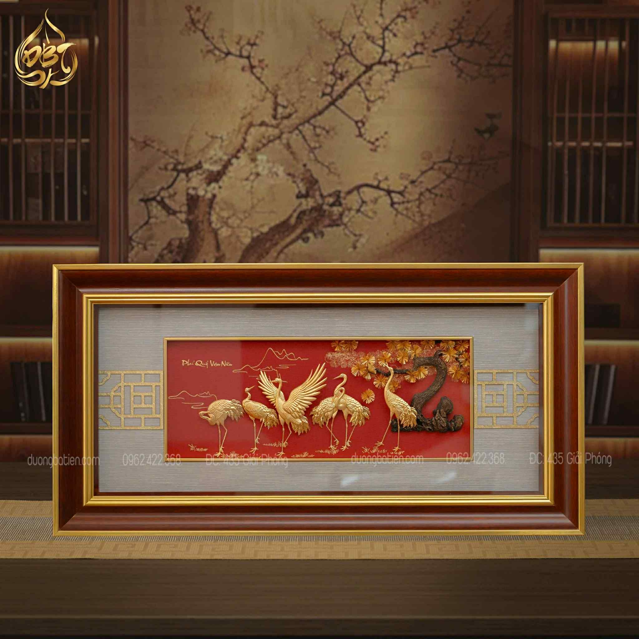 Tranh Tùng Hạc Diên Niên Dát Vàng 24K - Tranh Treo Tường Phong Thuỷ