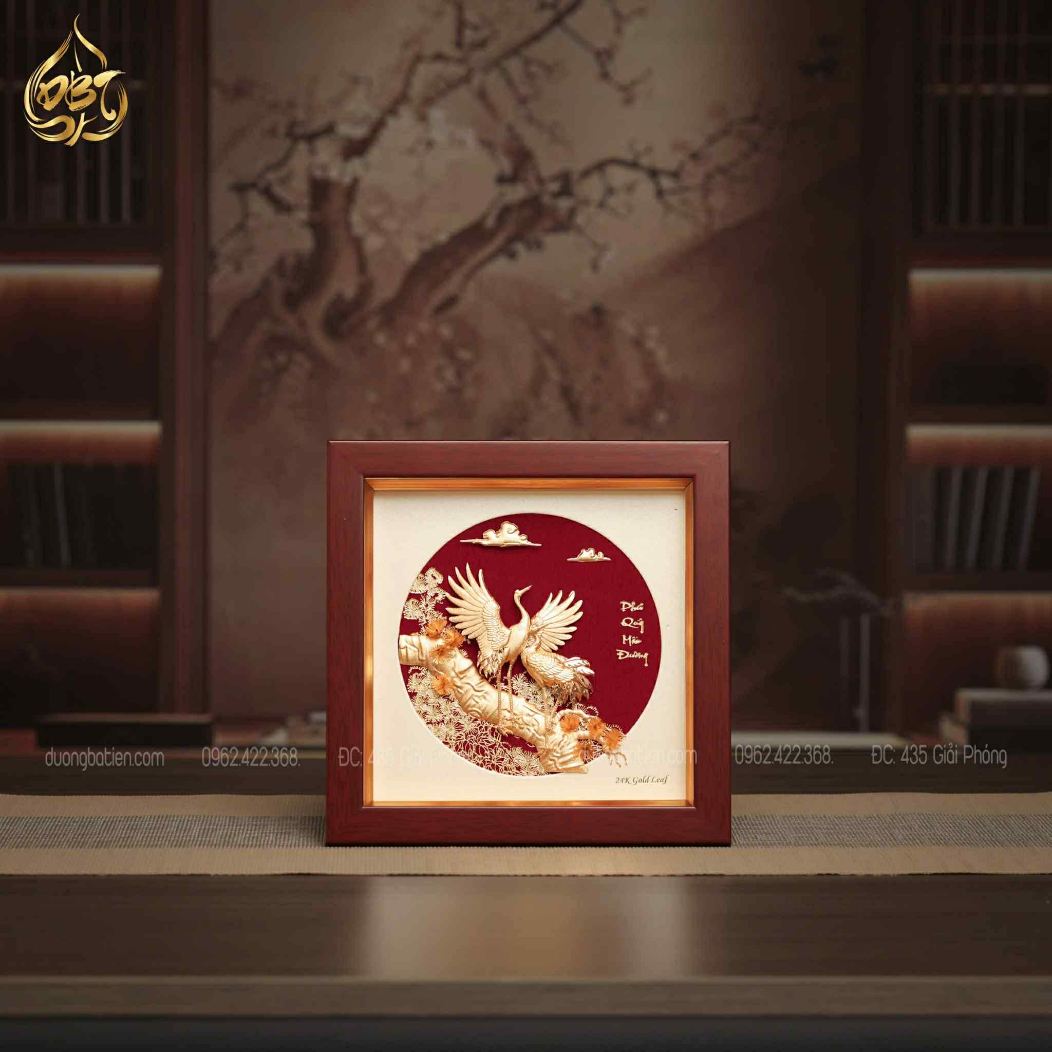 Tranh Tùng Hạc Diên Niên Để Bàn - Dát Vàng 24K